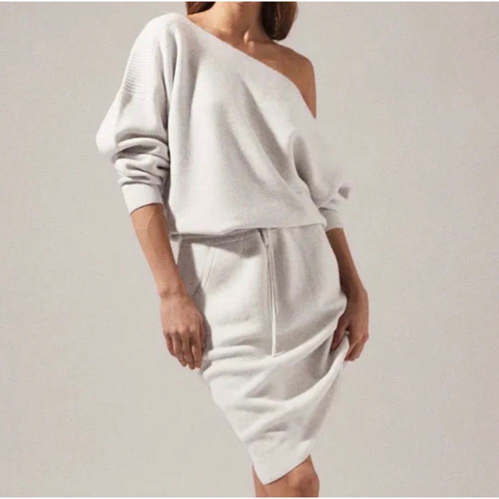 Reiss Amara Dress M Grey Alpaca Wool Off Shoulder Draped Knit Sweater Midi fall